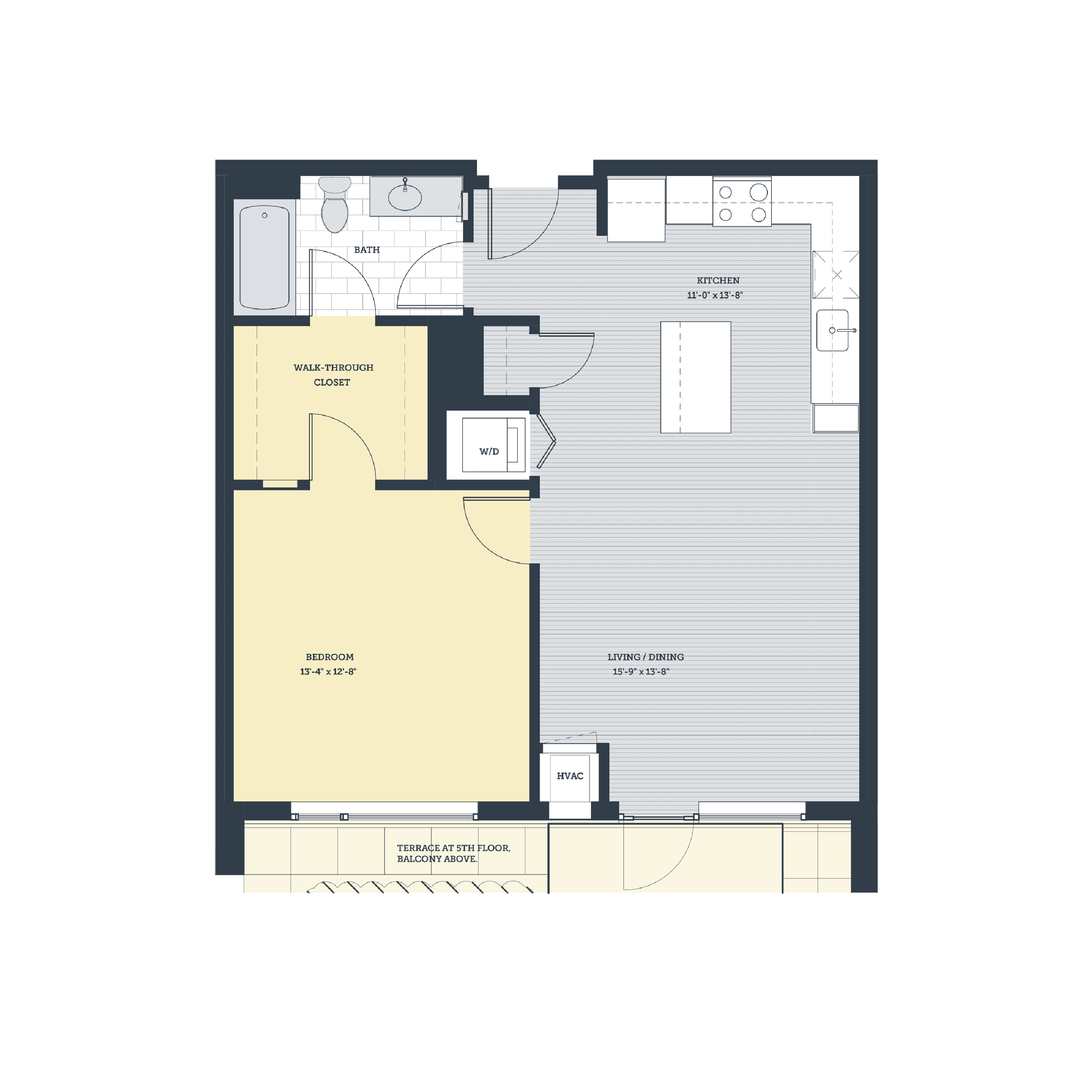 Floor plan for 1 bed, 1 bath, 766 sqft